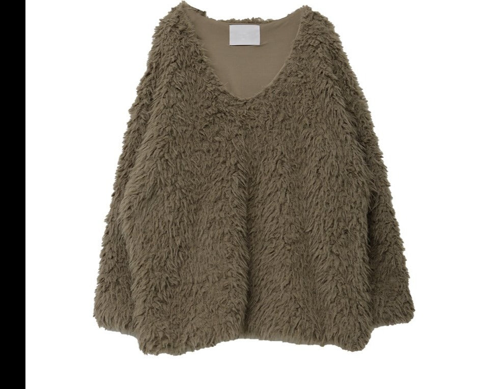 V-Neck Faux Fur Knit Top